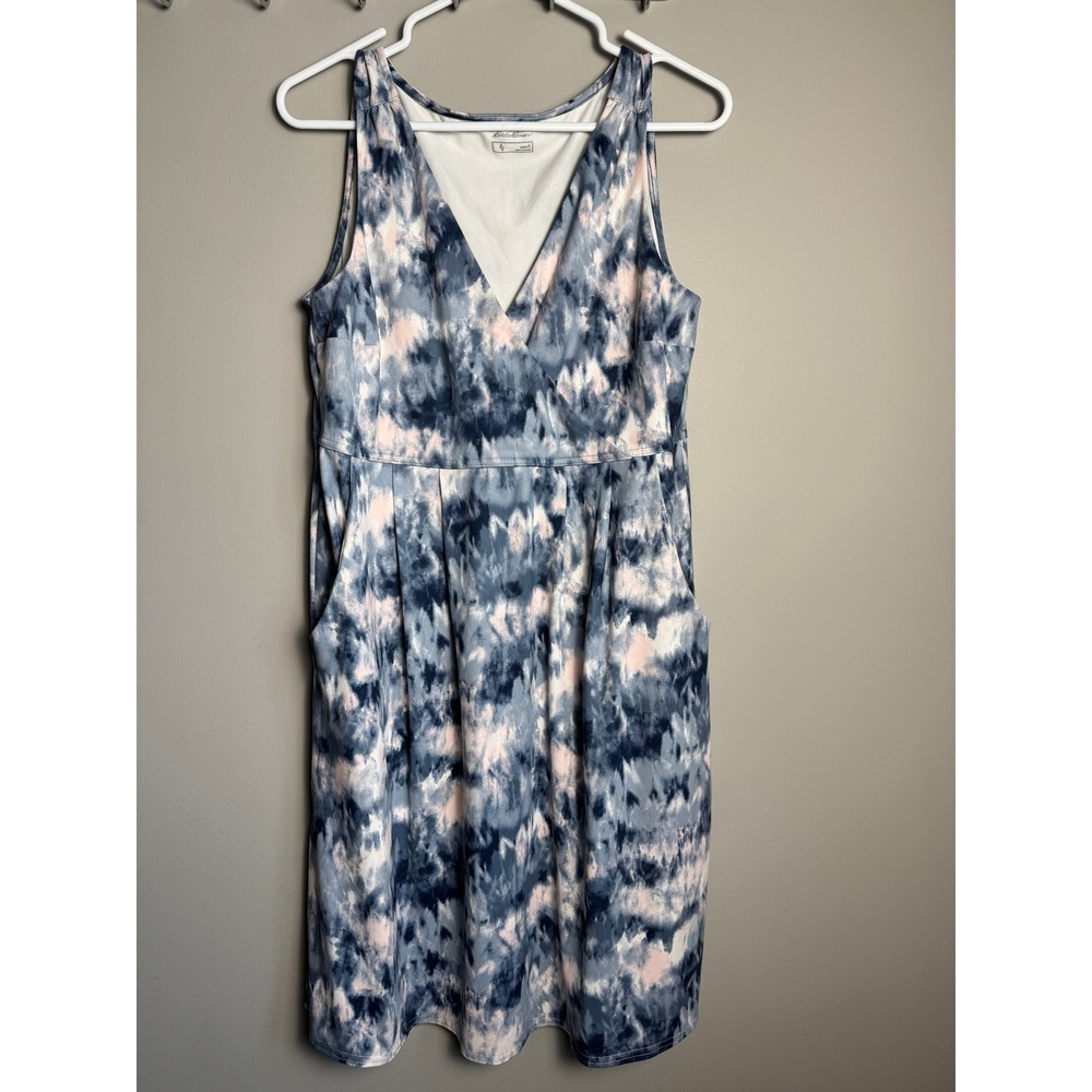 Eddie Bauer Womens Blue Pink Tie Dye Sleeveless Surplice Dress L Boho Casual